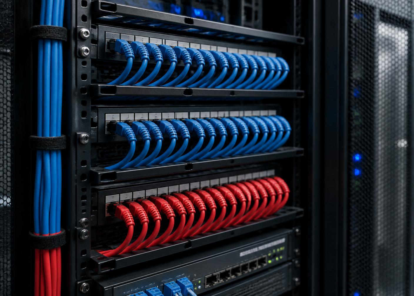 Neatly dressed network cabling in a business server rack