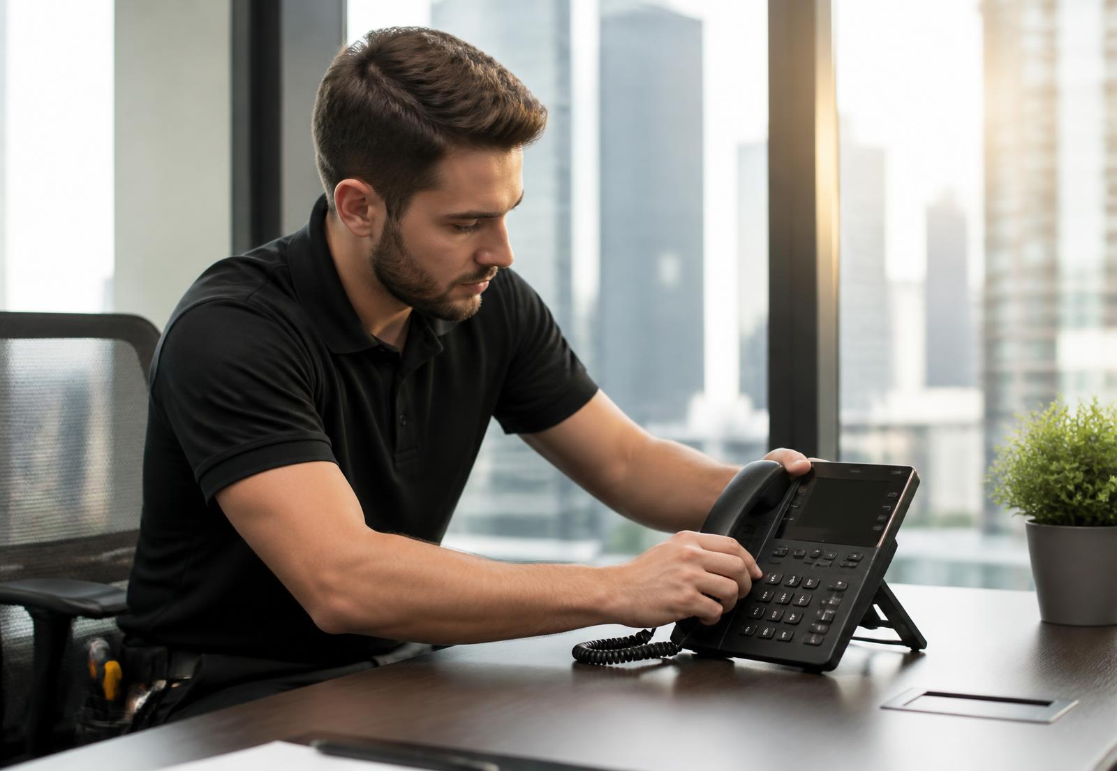 Technician installing a business desk phone onsite